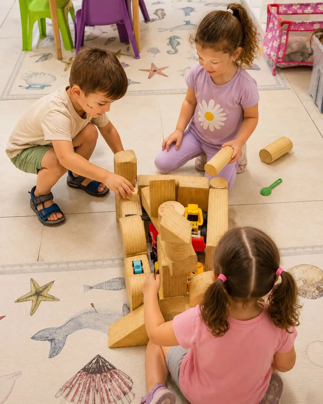 שלושה ילדים בונים יחד מבנה מקוביות עץ