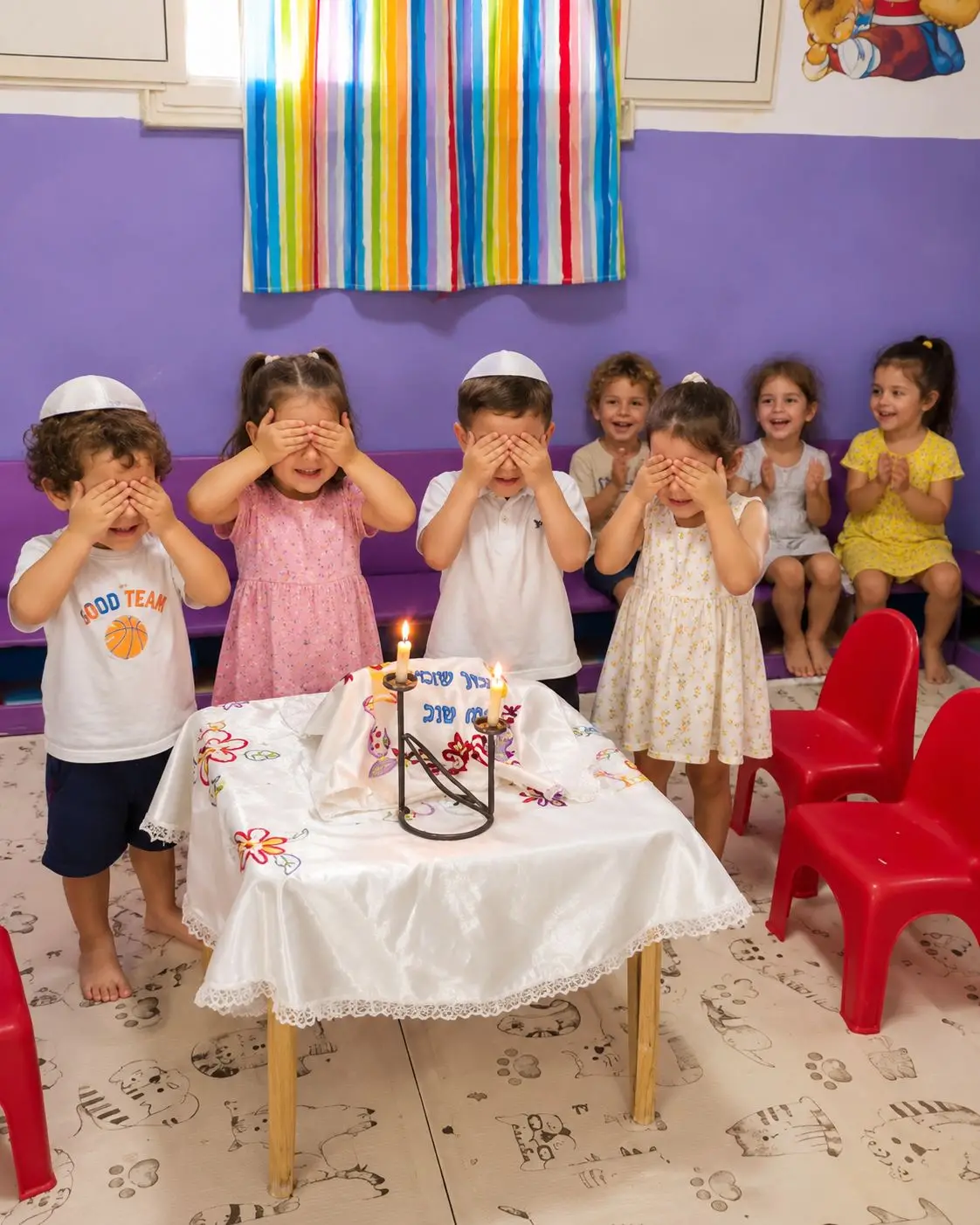 הילדים מכסים את העיניים בברכת נרות שבת