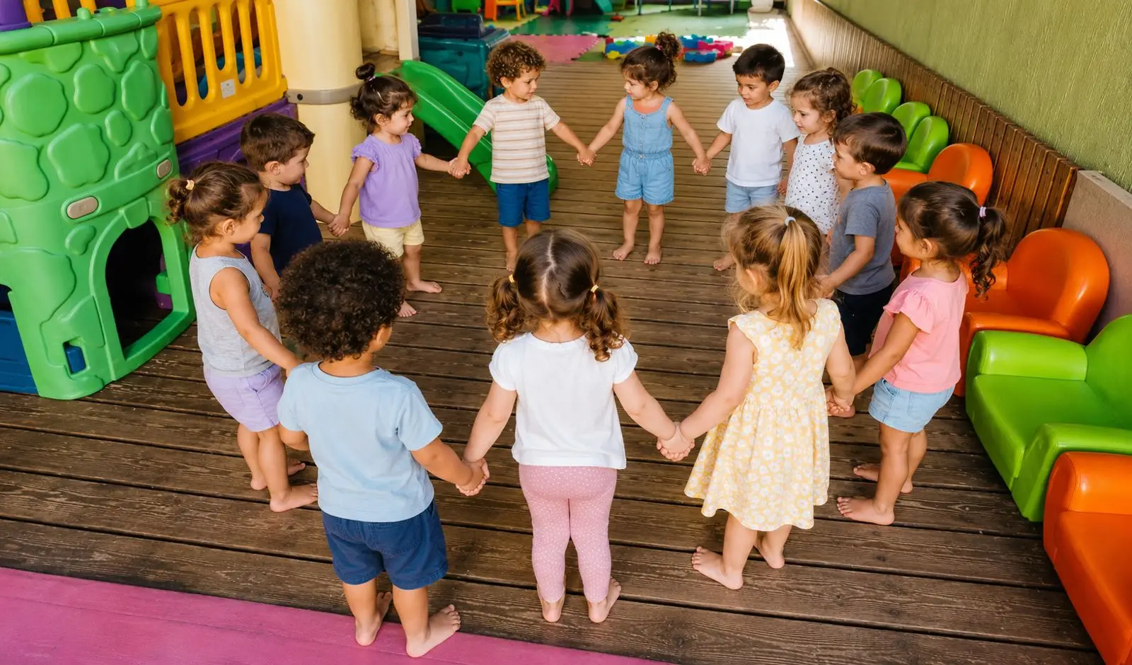 ילדים רוקדים במעגל ואוחזים ידיים בחצר הגן