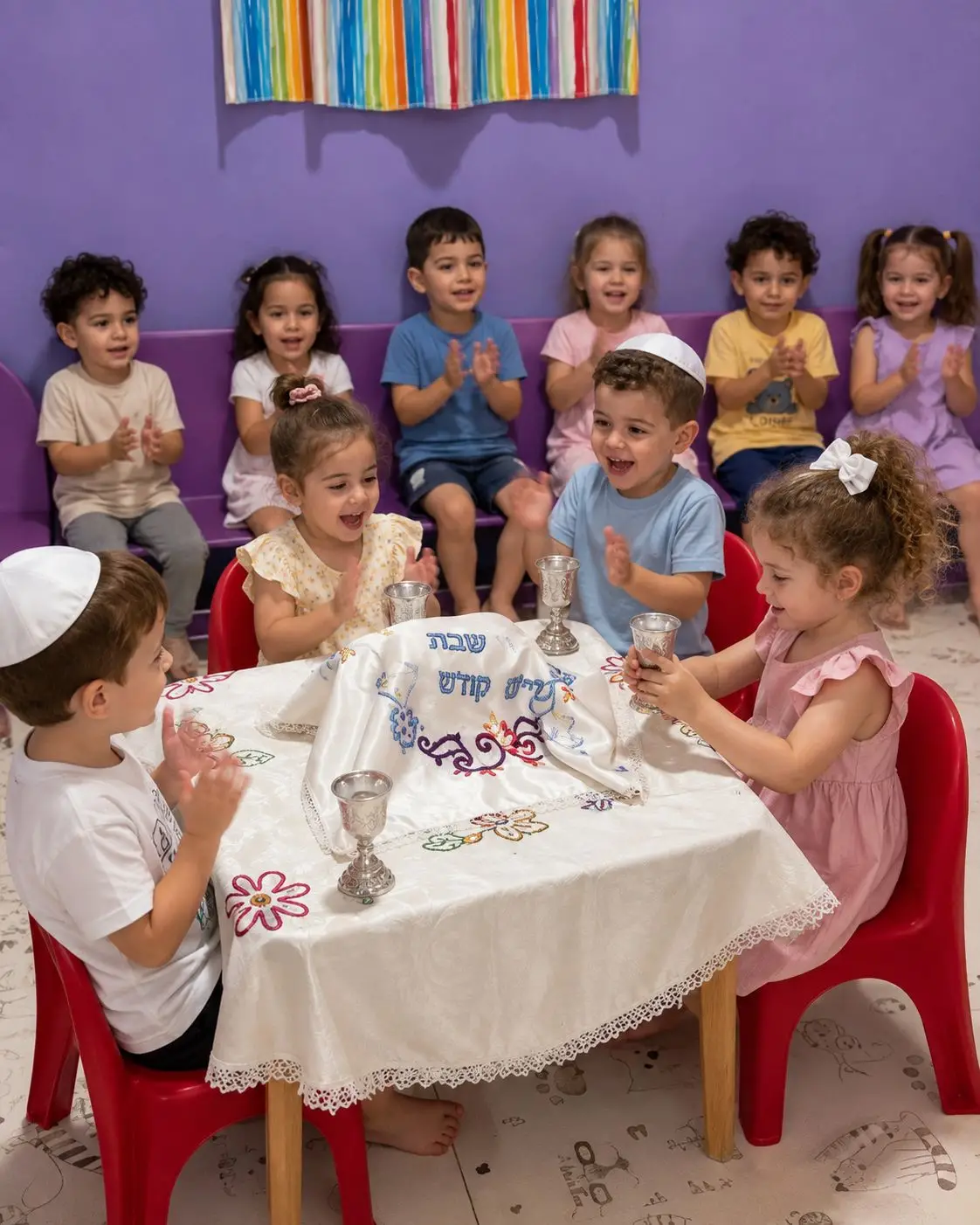 קבלת שבת בגן - ילדים סביב שולחן עם גביעי קידוש