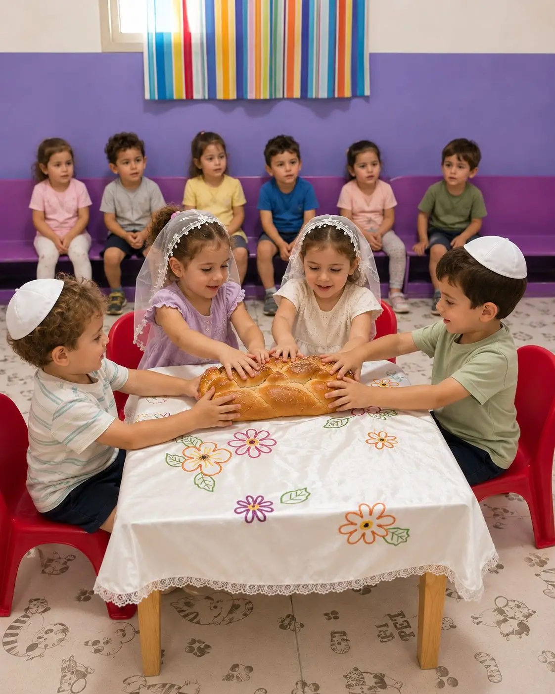 ילדים אוחזים יחד בחלה בקבלת שבת
