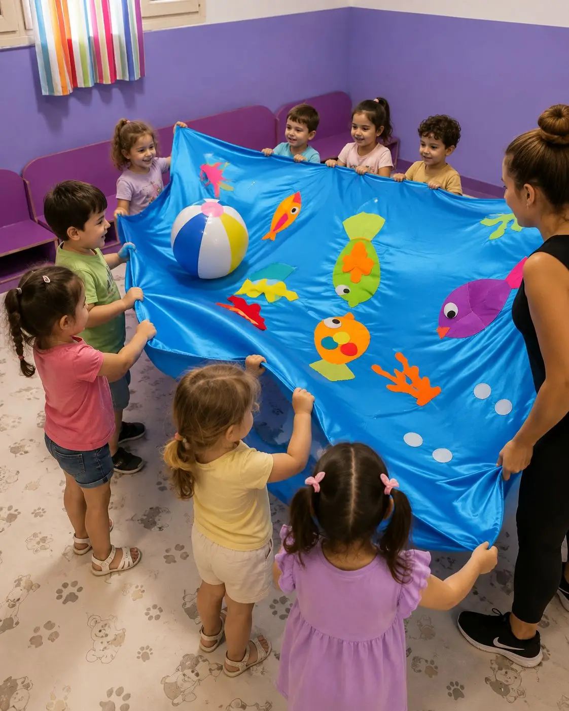 ילדים משחקים יחד עם בד ים צבעוני ודגים בגן שקד