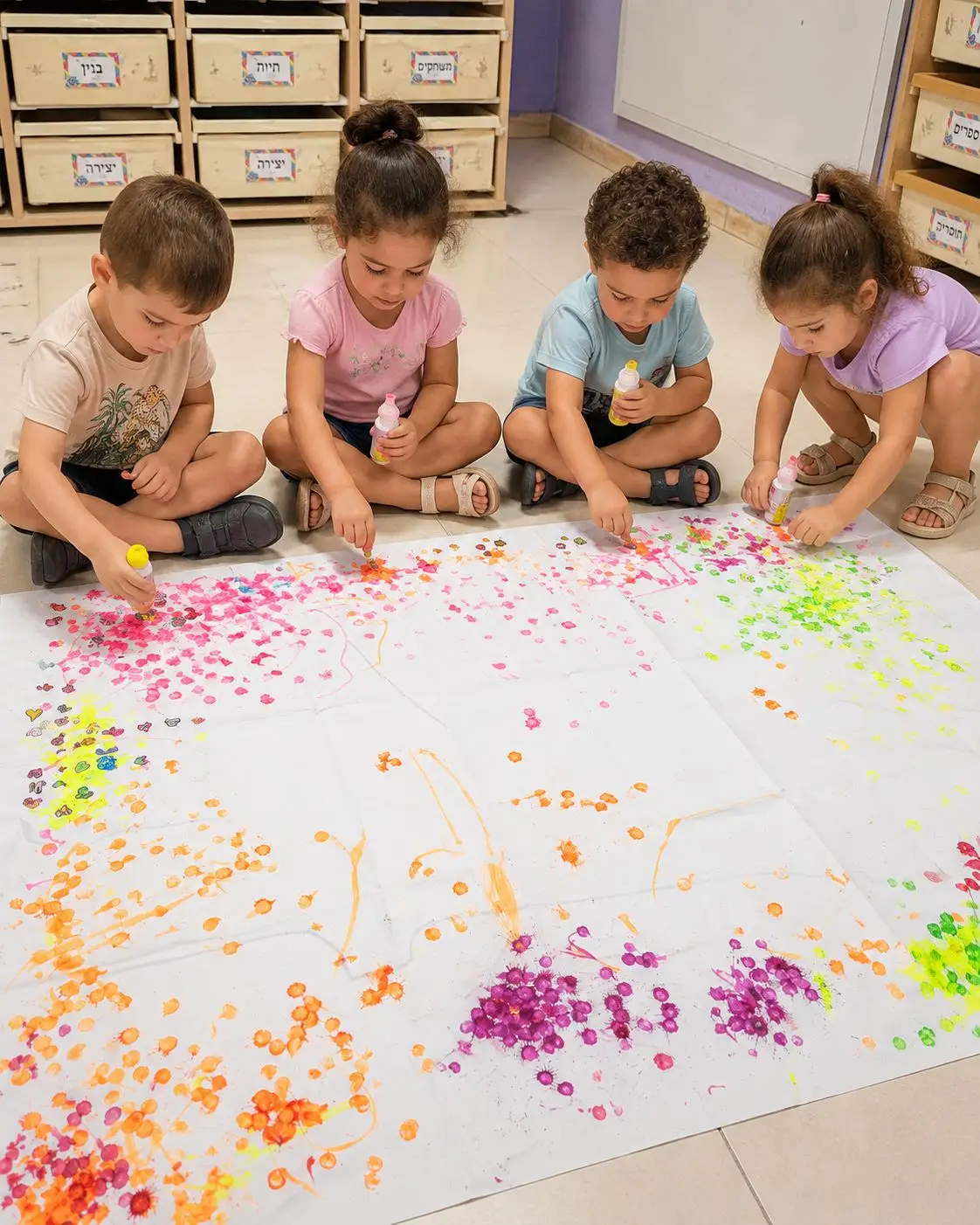 ארבעה ילדים יוצרים יחד בצבעים על גיליון גדול